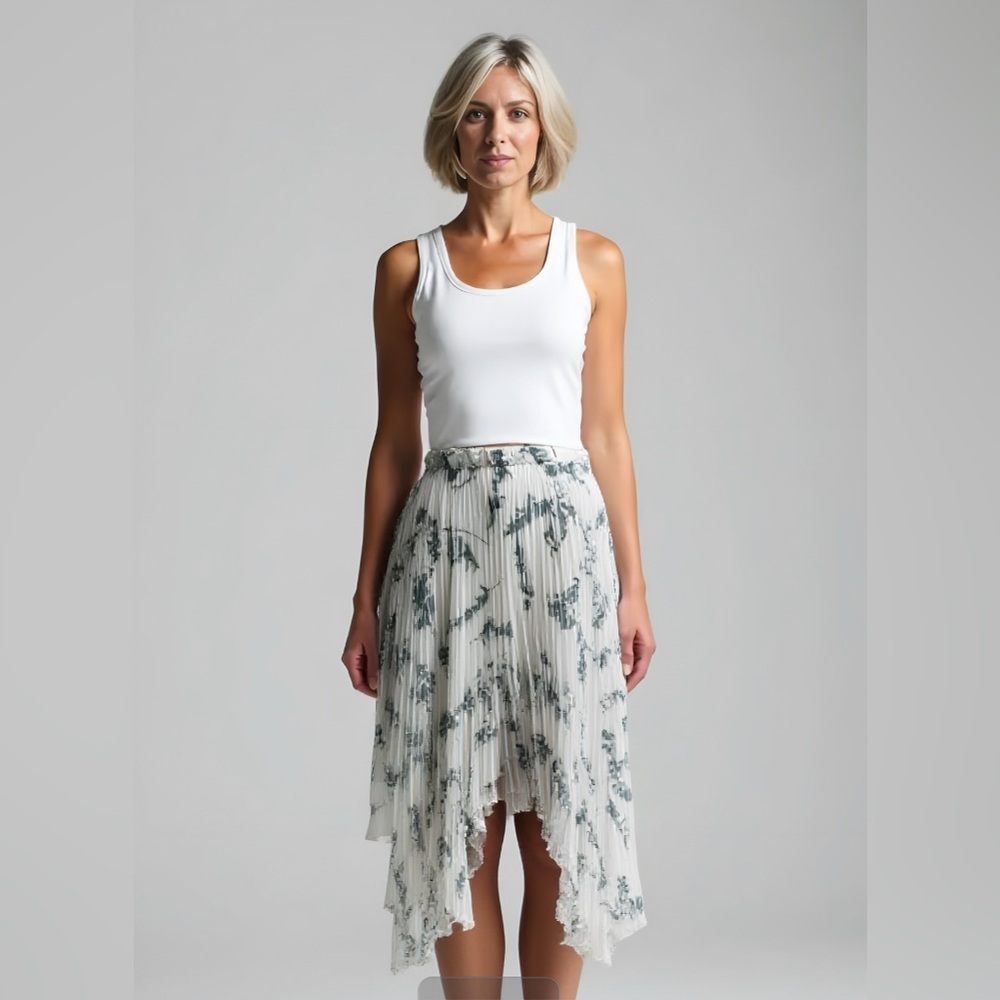 Club Monaco Pleated White Soft Teal Asymmetrical Midi Skirt - S